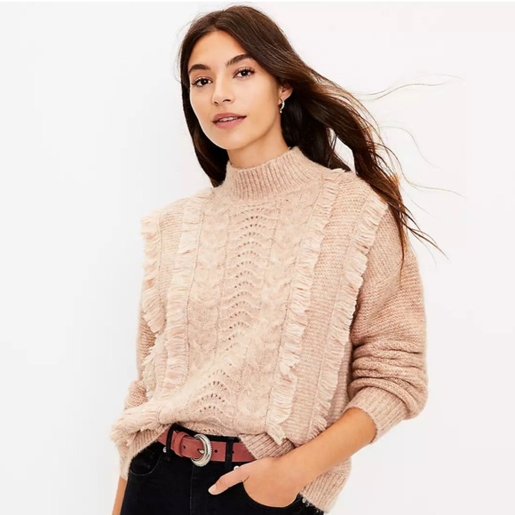 LOFT Fringe Cable Knit Sweater Tan Beige XL - Picture 1 of 10